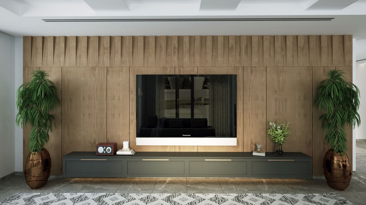 About Contemporary living room interior featuring a wooden wall and mounted TV.