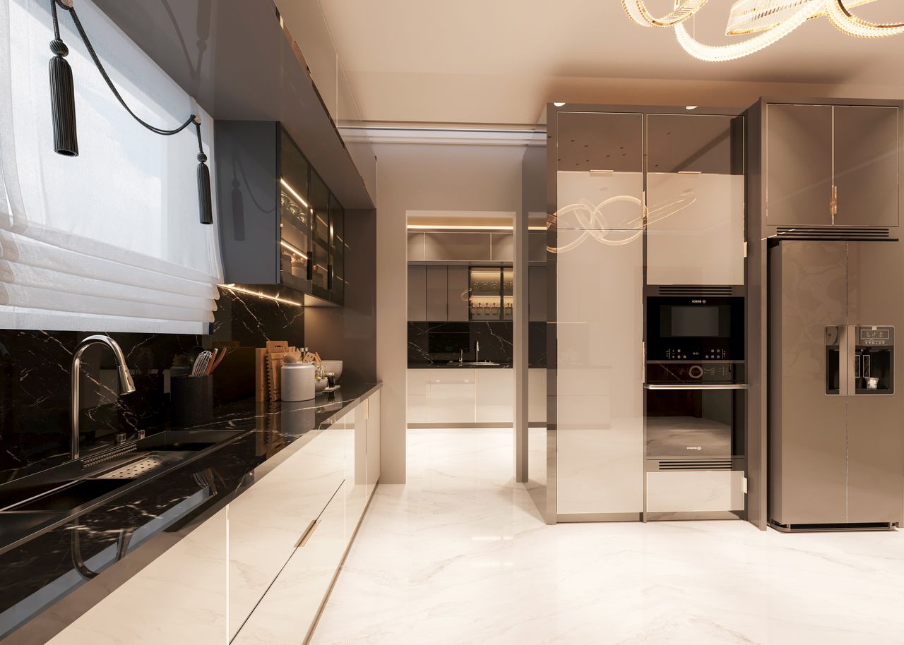 Contact Contemporary kitchen with sleek marble countertops, modern appliances, and elegant lighting.